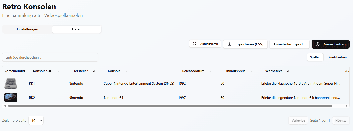 Resell Scan Sammlung mit Daten-Tab und Export-Buttons