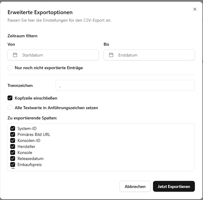 Dialog Erweiterte Exportoptionen in Resell Scan