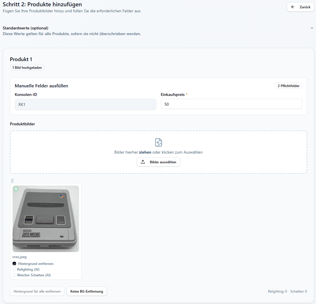 Resell Scan Produkt-Upload mit Bildern, manuellen Feldern und Bildoptionen