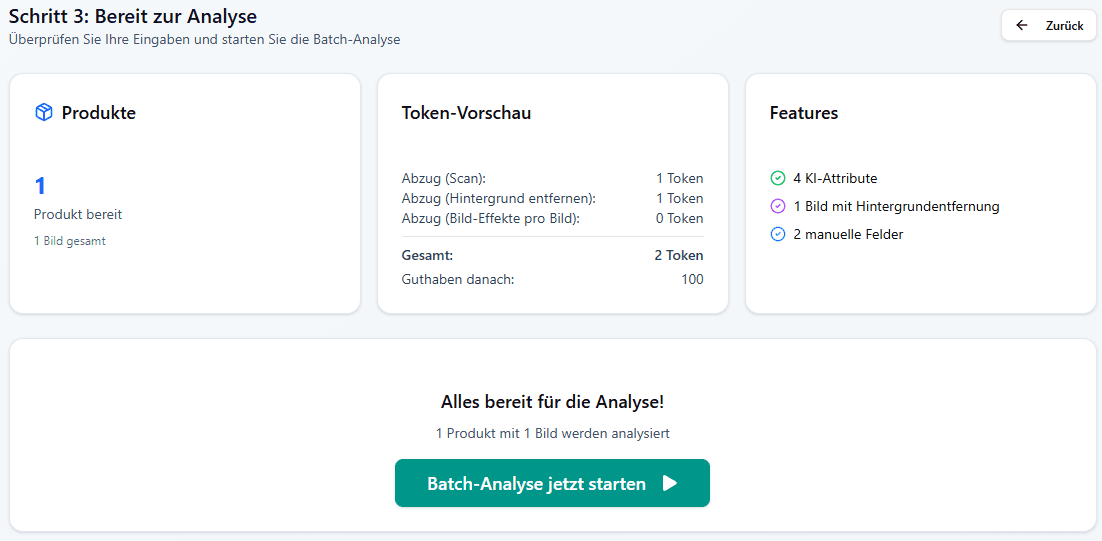 Resell Scan Batch-Übersicht mit Token-Vorschau und aktivierten Features