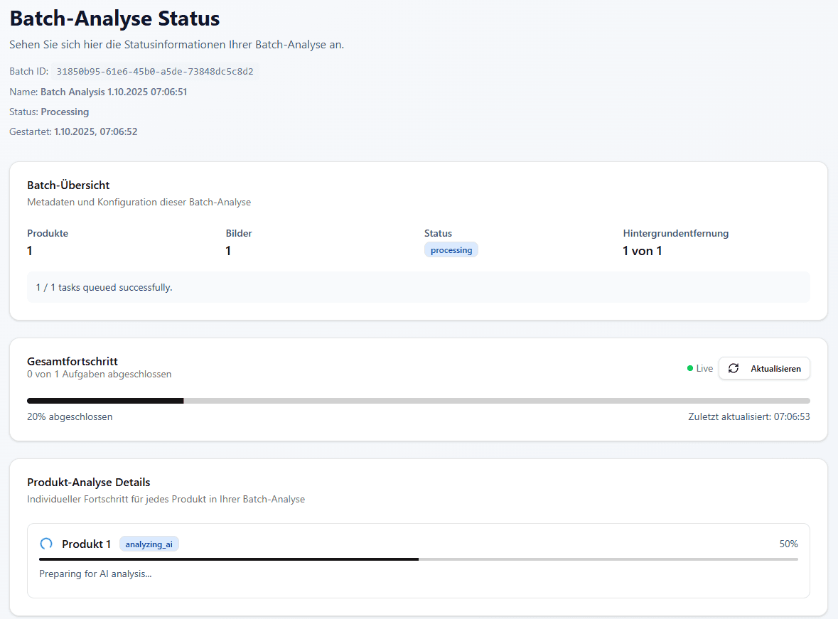 Resell Scan Batch-Status mit Gesamtfortschritt und Produkt-Analyse-Details