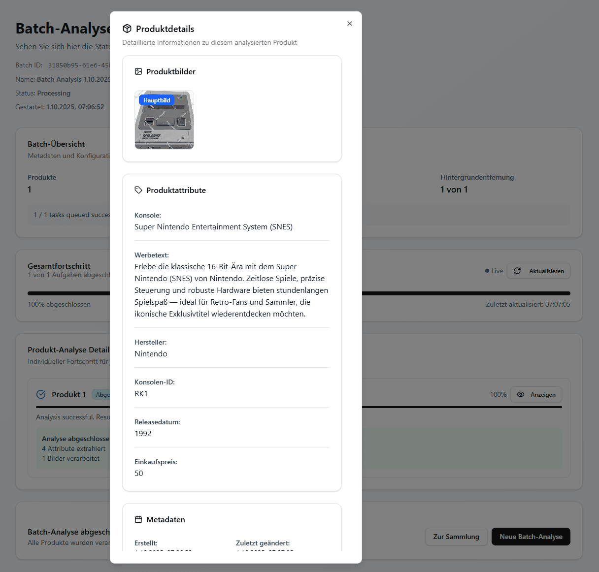 Resell Scan Sammlung mit analysierten Ergebnissen in der Datentabelle