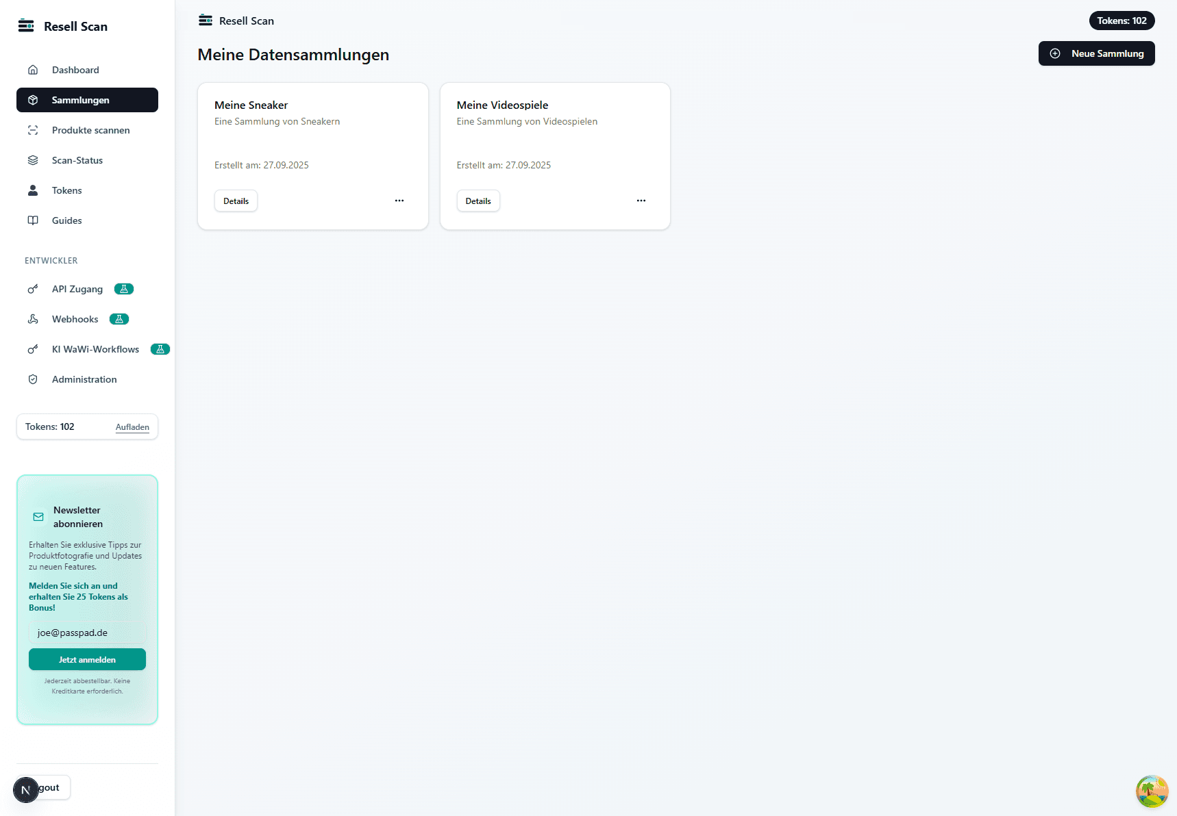 Resell Scan Dashboard mit geöffnetem Bereich Sammlungen