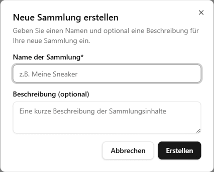 Dialog Neue Sammlung erstellen mit Name und Beschreibung