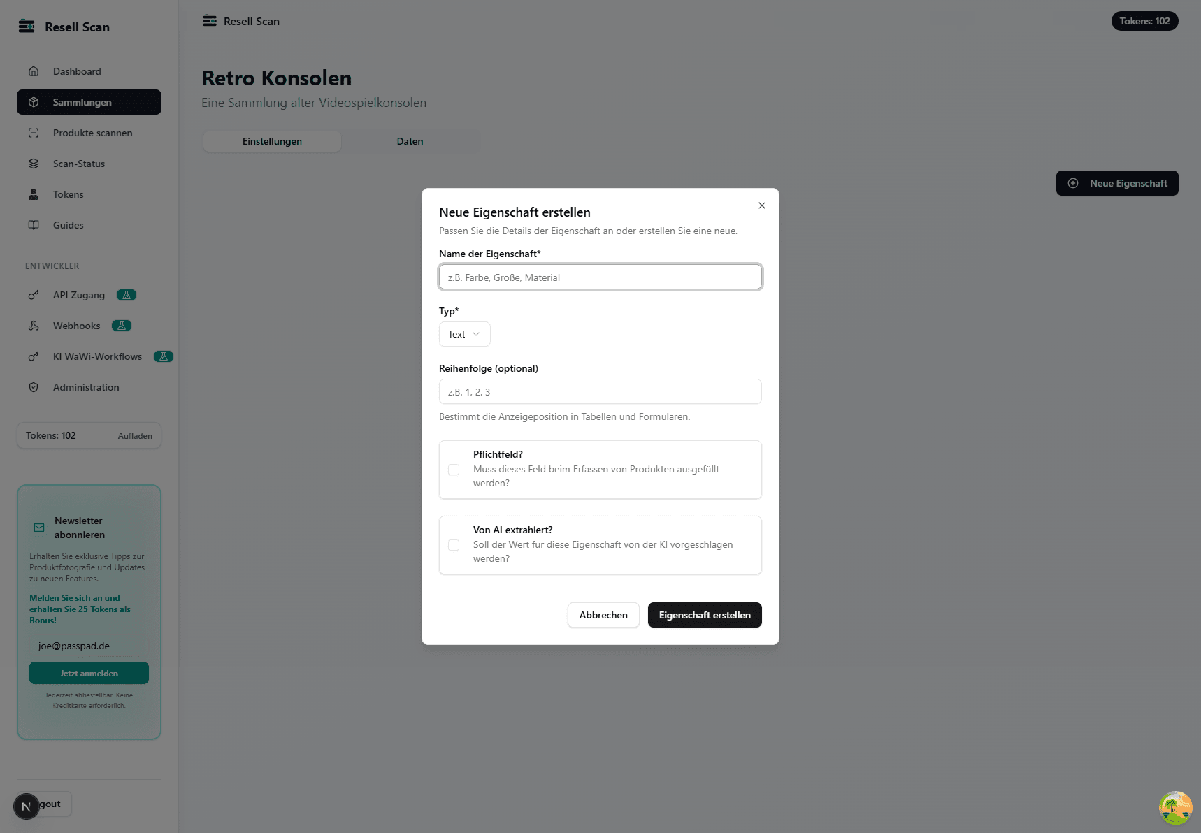 Formular zum Erstellen eines Sammlungsmerkmals in Resell Scan