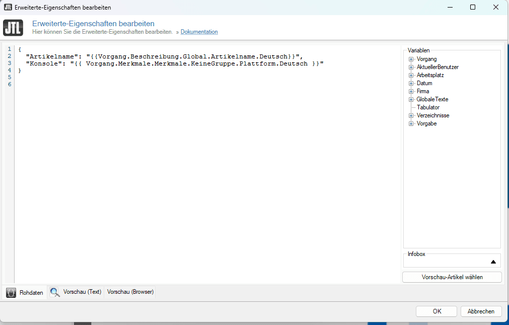 JTL Body-Feld mit JSON und Variablen
