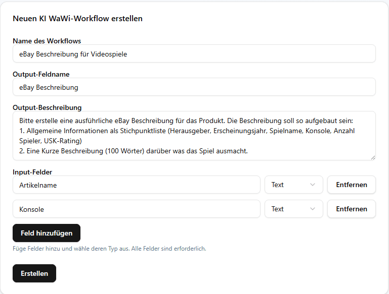 Resell Scan Formular zum Erstellen eines KI-WaWi-Workflows